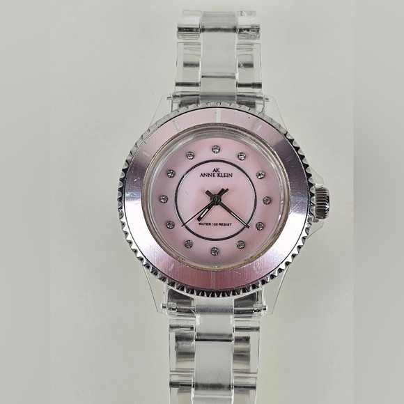 Anne Klein Clear Resin Link Watch Mother of Pearl Dial Crystal Markers